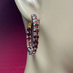 DK Sterling Silver Gold Tone Hinged Earrings with Red Garnet Stones. 1 3/8 inch